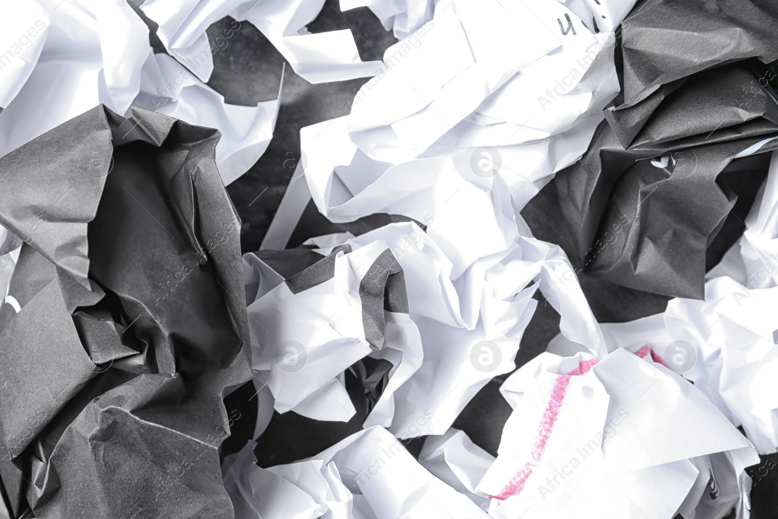 Photo of Pile of crumpled paper as background, top view. Recycling problem