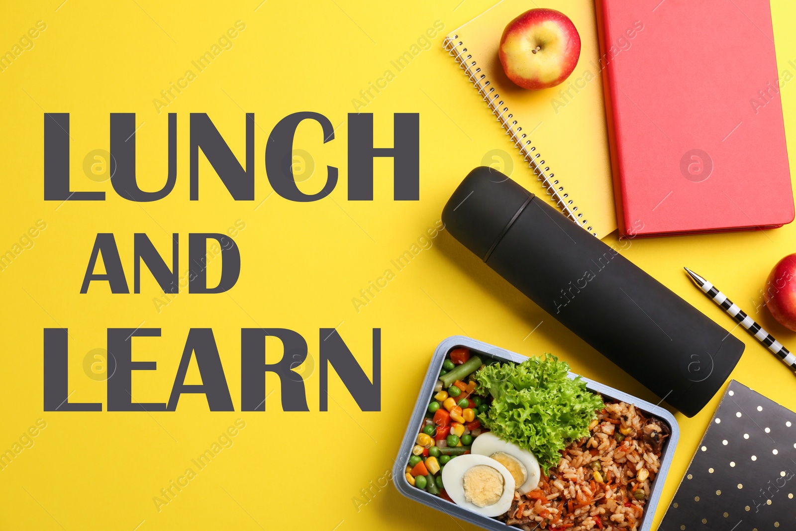 Image of Lunch and Learn concept. Flat lay composition with thermos, food and stationery on yellow background