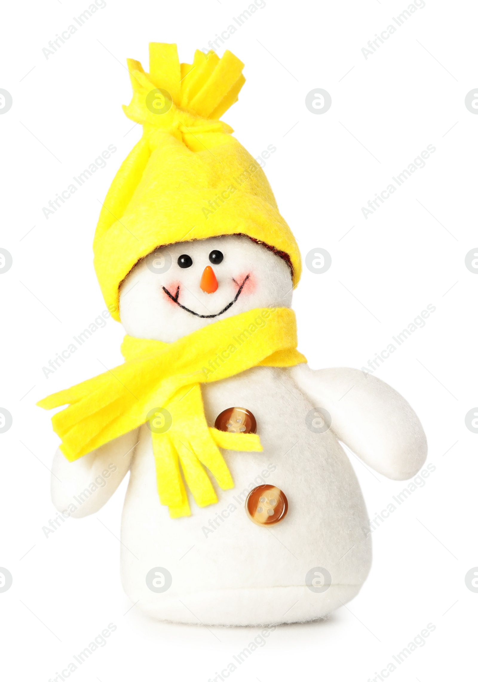 Photo of Cute small snowman toy isolated on white. Christmas decoration