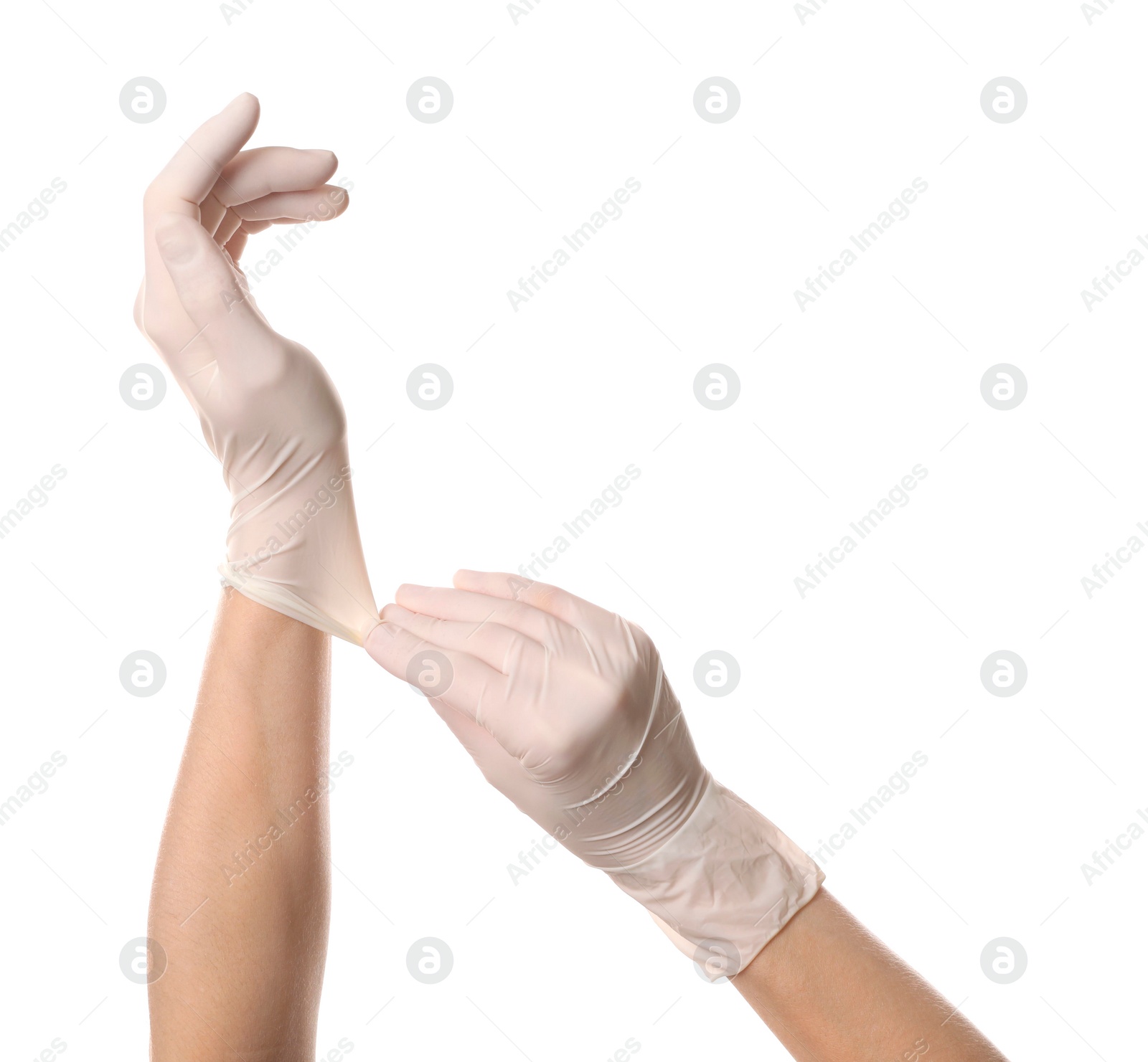 Photo of Doctor wearing medical gloves on white background, closeup