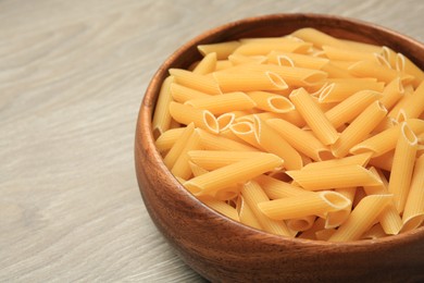 Photo of Raw penne pasta in bowl on light grey wooden table, closeup