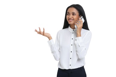 Beautiful secretary talking on phone against white background