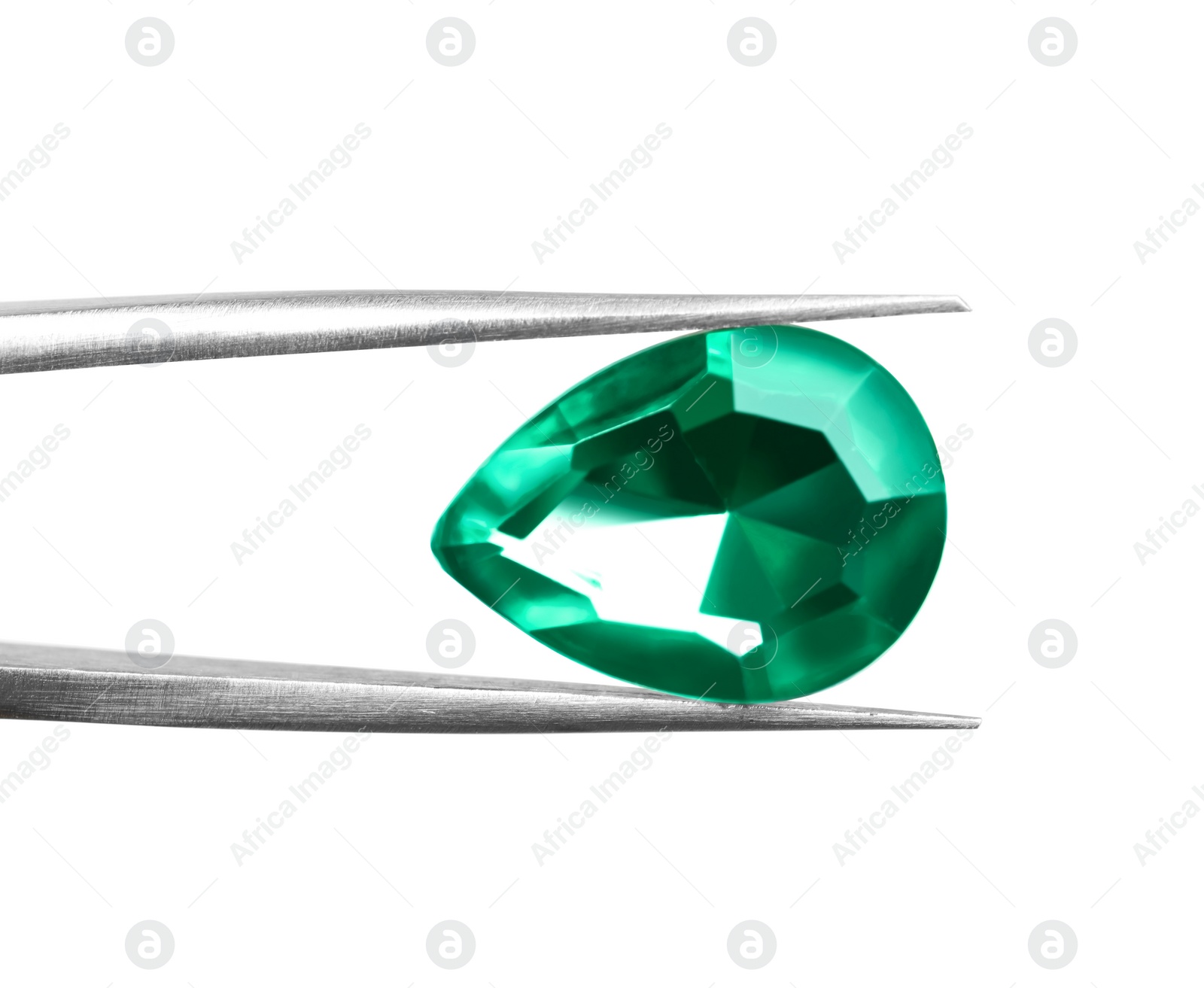 Photo of Tweezers with beautiful gemstone on white background