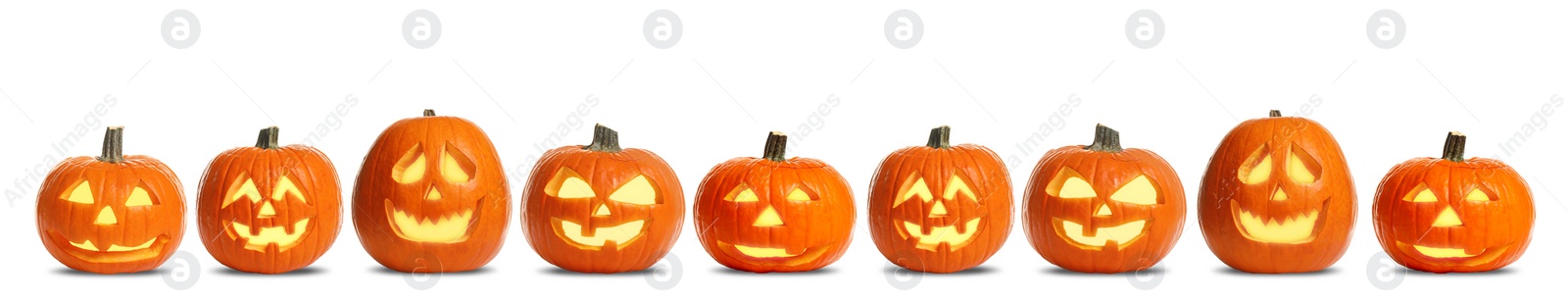 Image of Set of carved Halloween pumpkins on white background. Banner design