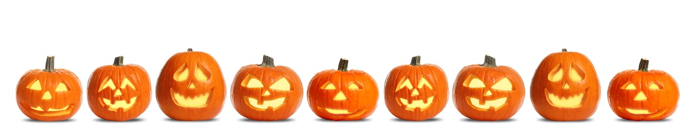 Image of Set of carved Halloween pumpkins on white background. Banner design