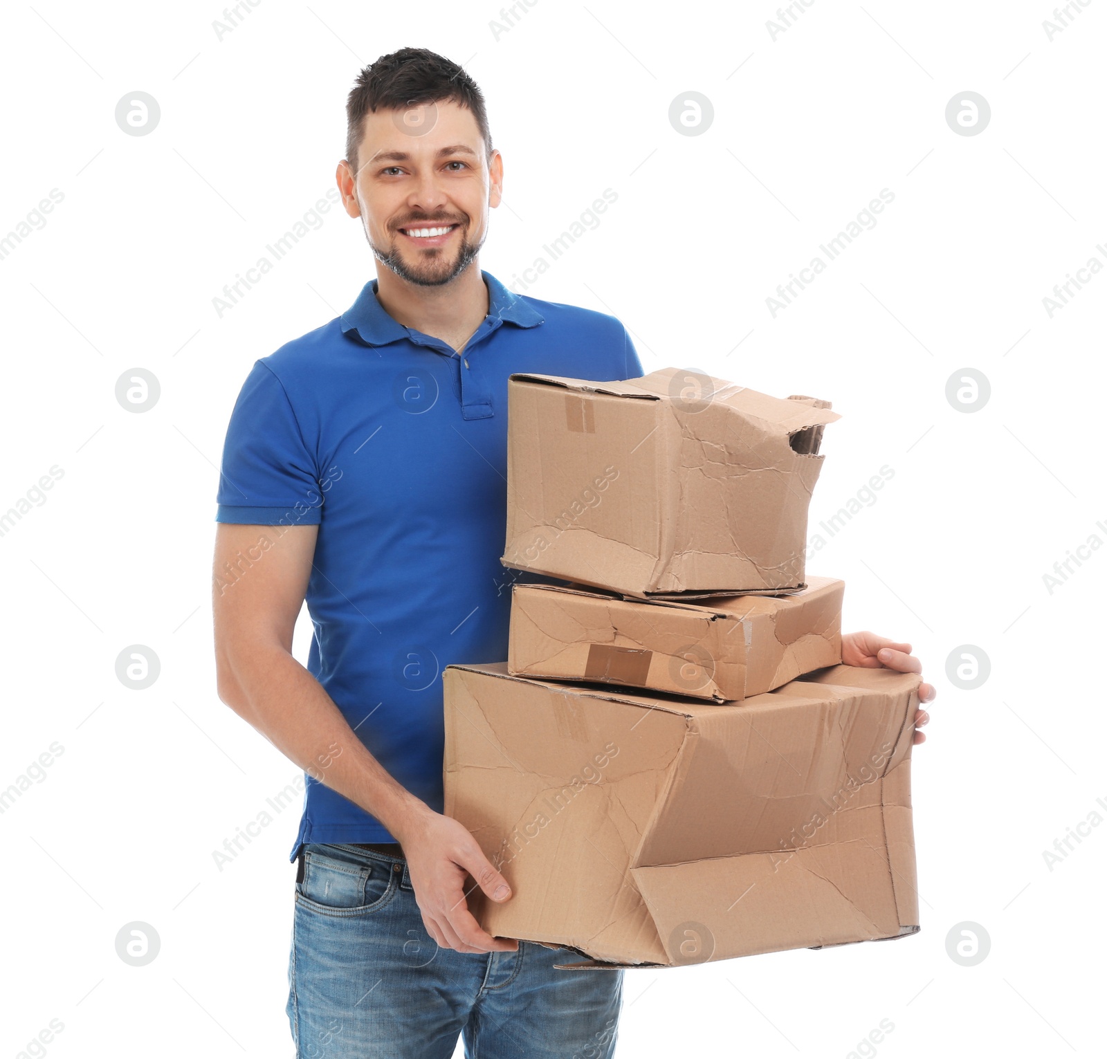 Photo of Courier with damaged cardboard boxes on white background. Poor quality delivery service