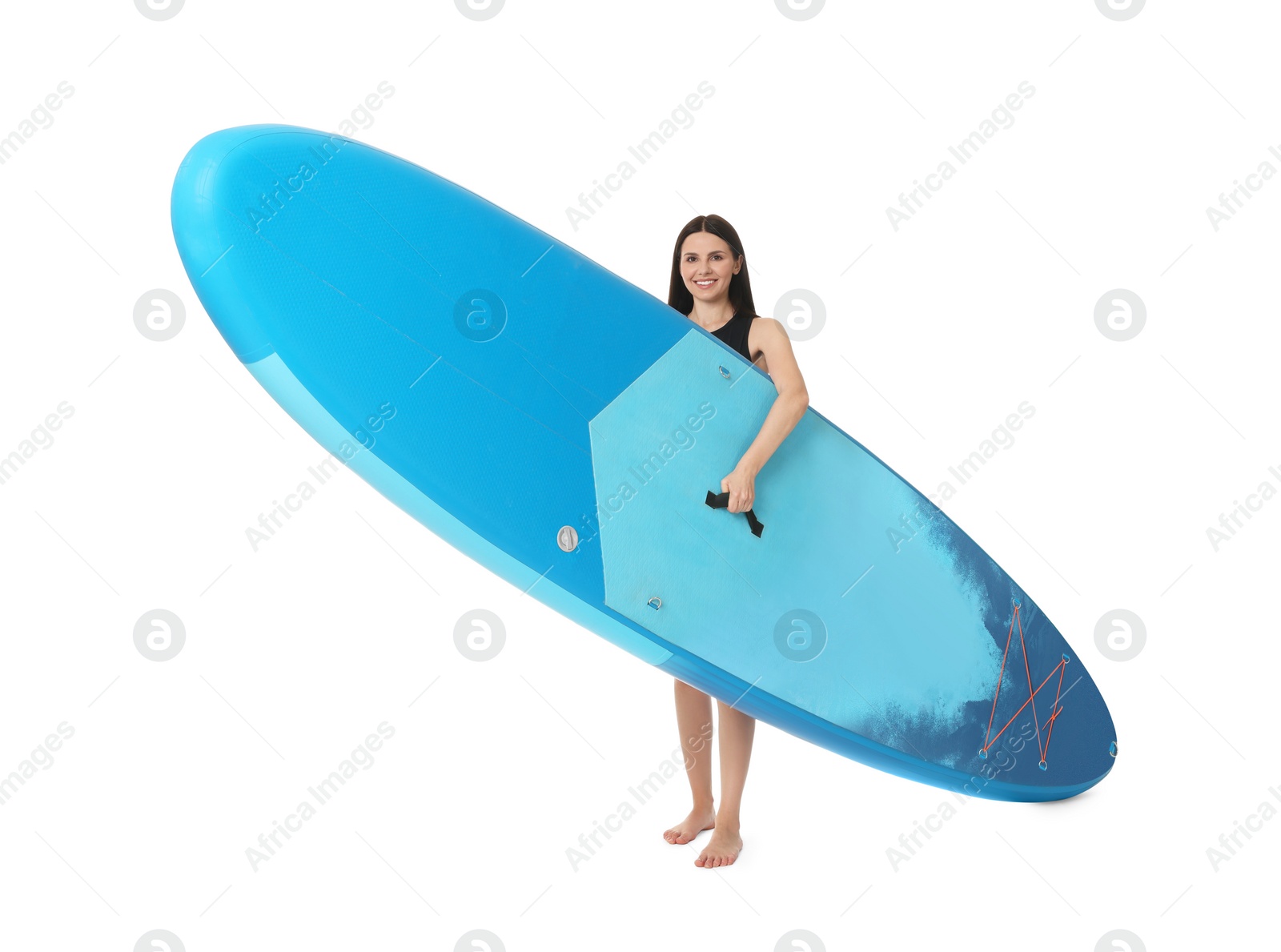 Photo of Happy woman with blue SUP board on white background