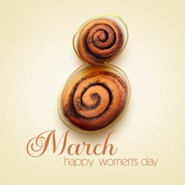 8 March - Happy International Women's Day. Card design with shape of number eight made of buns on beige background, top view