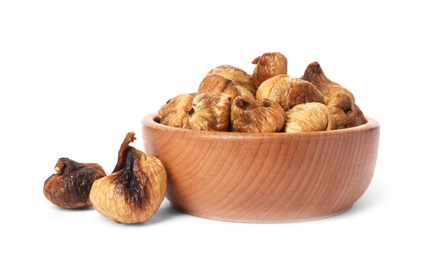 Photo of Bowl with dried figs on white background. Organic snack