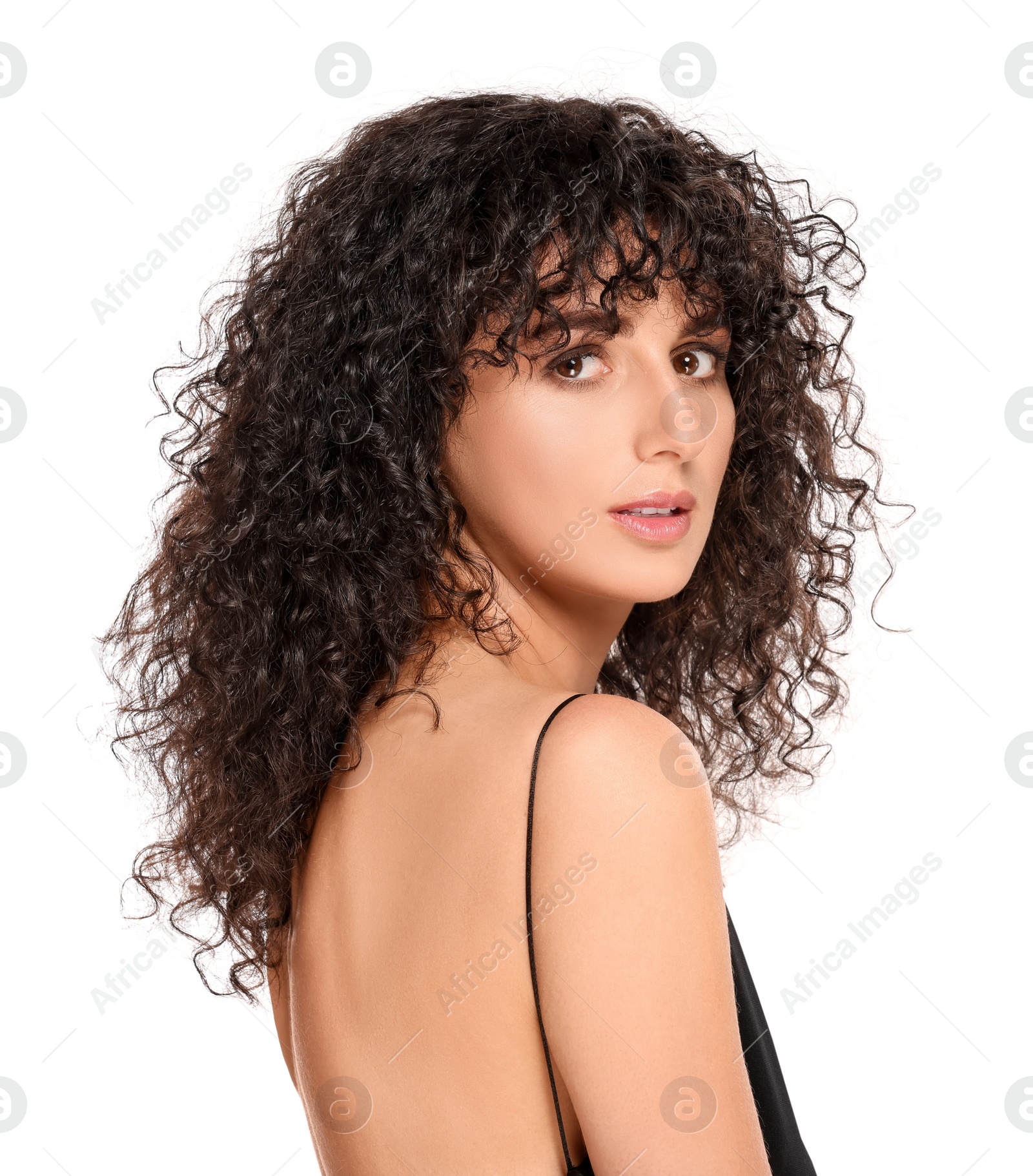 Photo of Beautiful young woman with long curly hair on white background