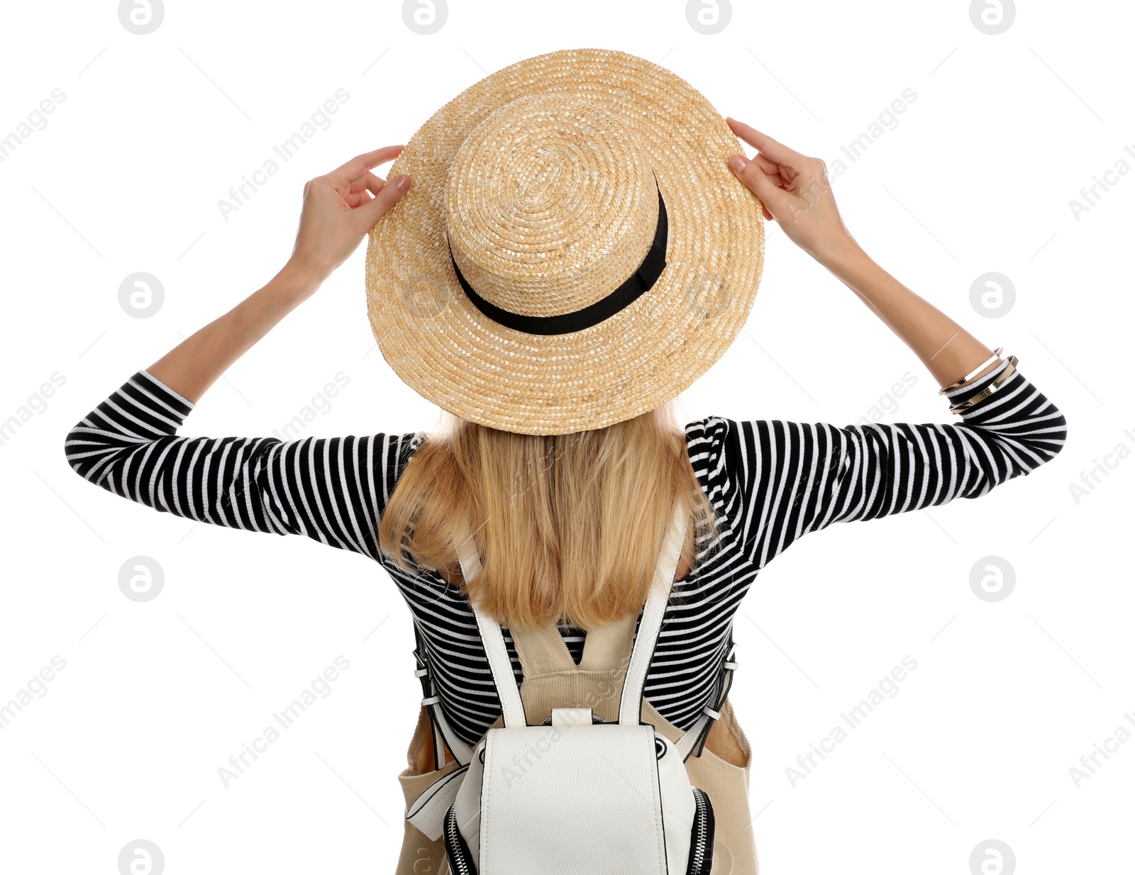 Photo of Woman with backpack on white background, back view. Summer travel