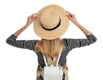 Woman with backpack on white background, back view. Summer travel