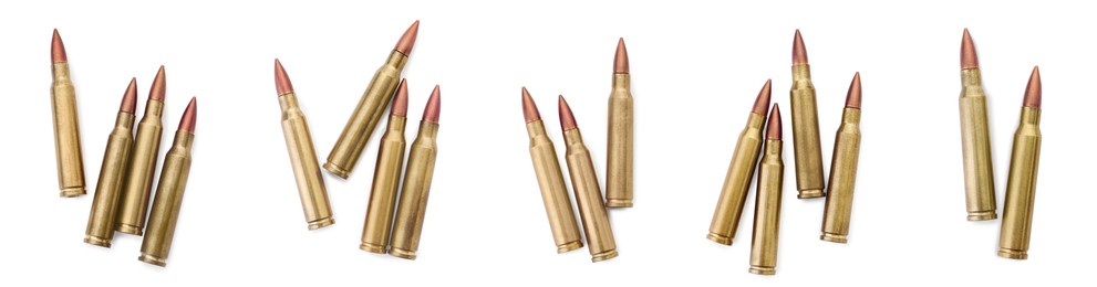Image of Set of many bullets on white background, top view. Banner design