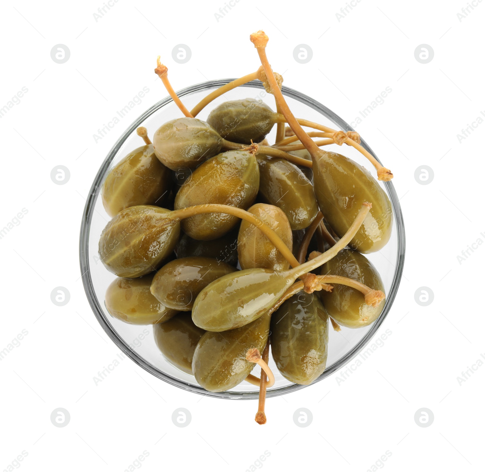 Photo of Capers in glass bowl isolated on white, top view