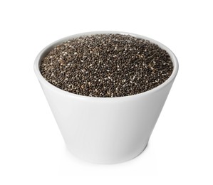Photo of Chia seeds in ceramic bowl isolated on white