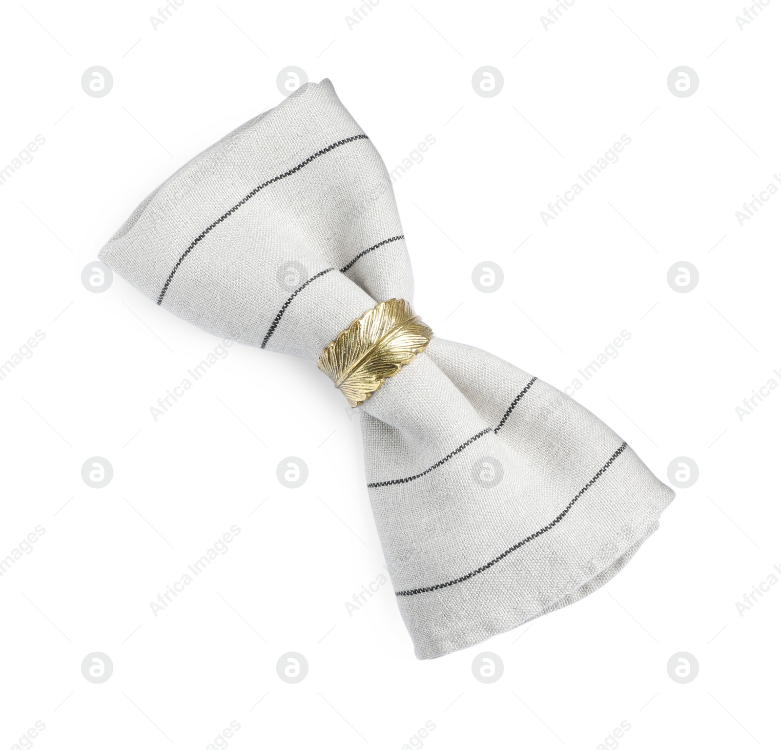 Photo of Napkin with decorative ring for table setting isolated on white, top view