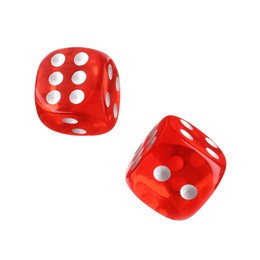 Image of Two red dice in air on white background