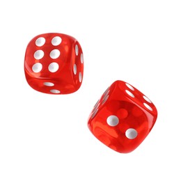 Two red dice in air on white background