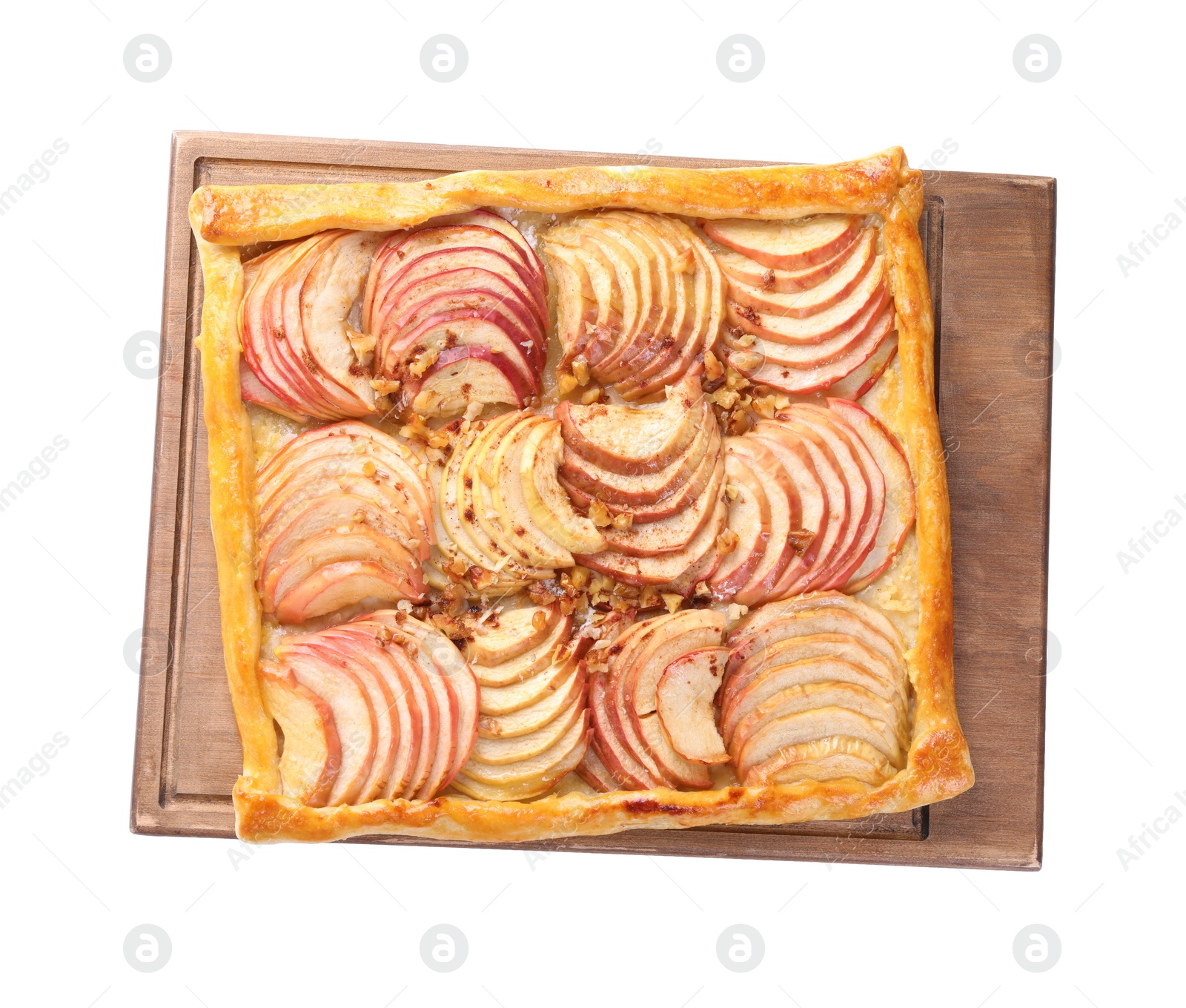 Photo of Freshly baked apple pie with nuts isolated on white, top view