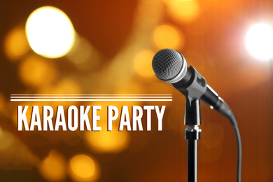 Image of Modern microphone and text KARAOKE PARTY on blurred background