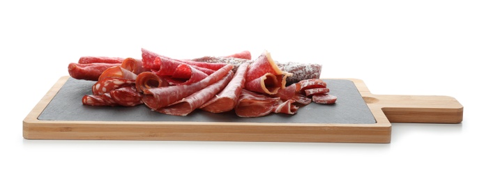 Photo of Cutting board with different meat delicacies on white background