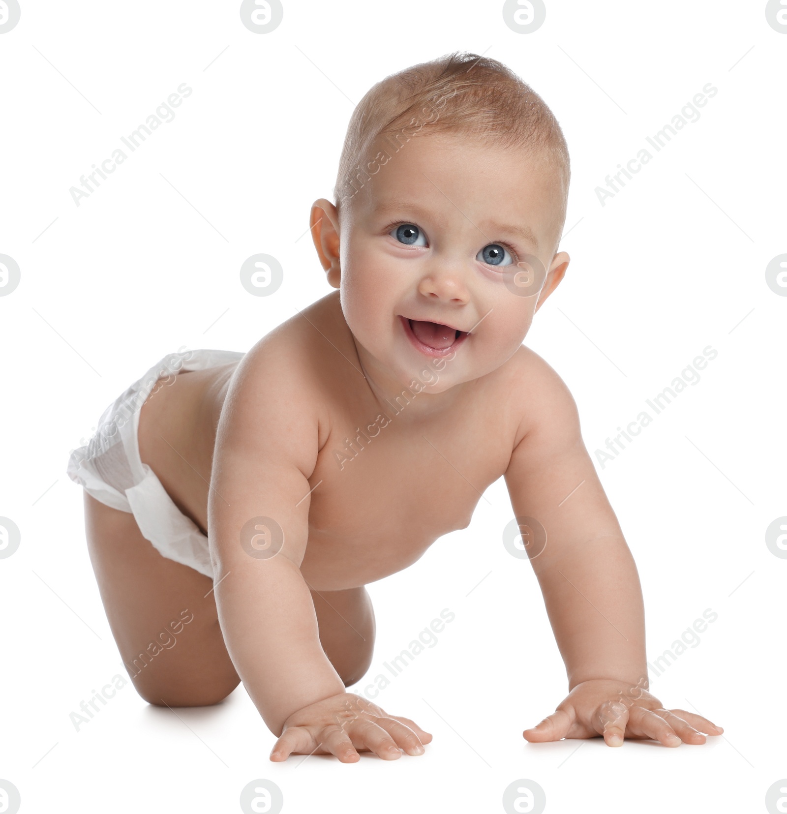 Photo of Cute little baby in diaper crawling on white background