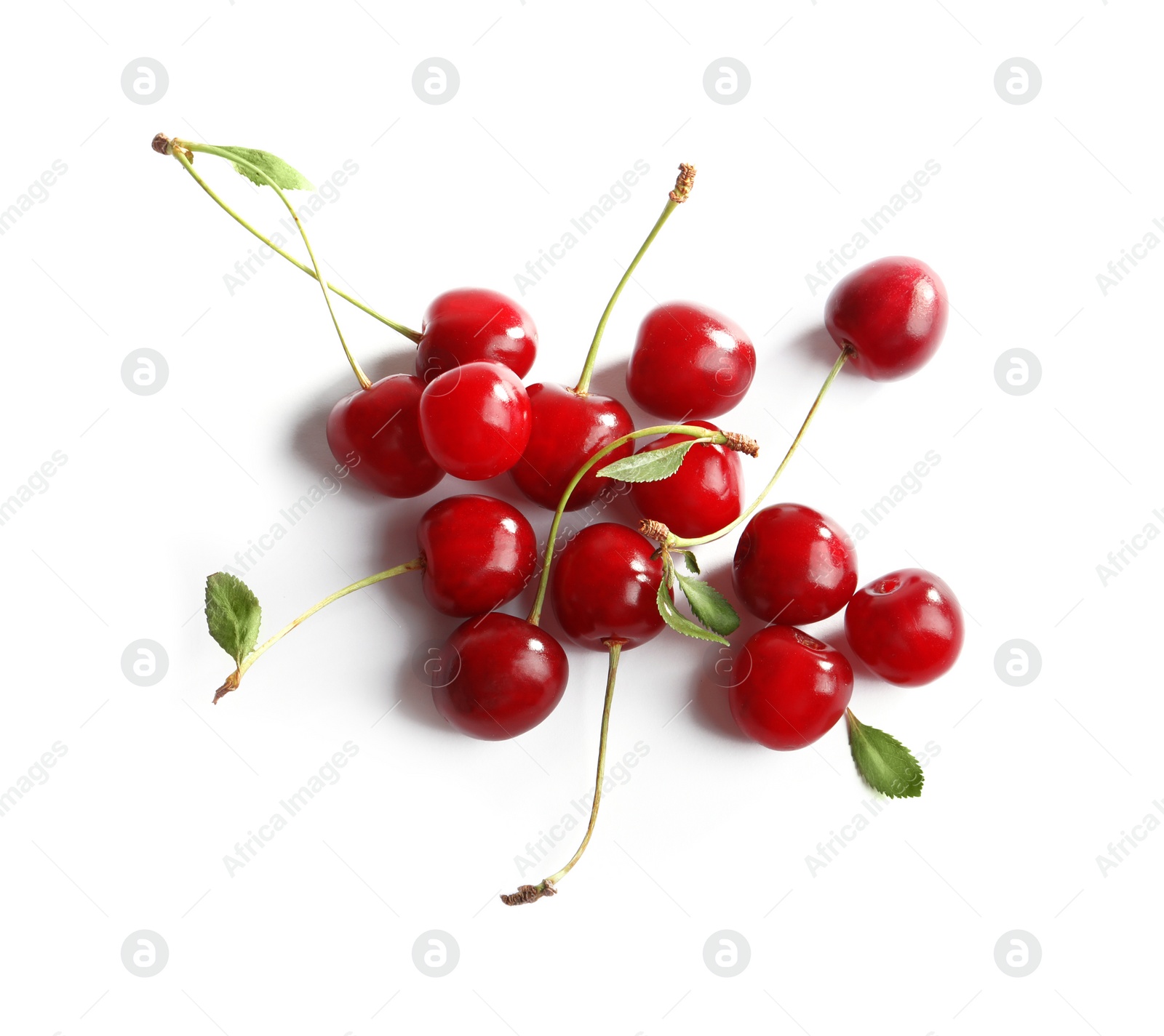 Photo of Pile of delicious ripe sweet cherries on white background, top view