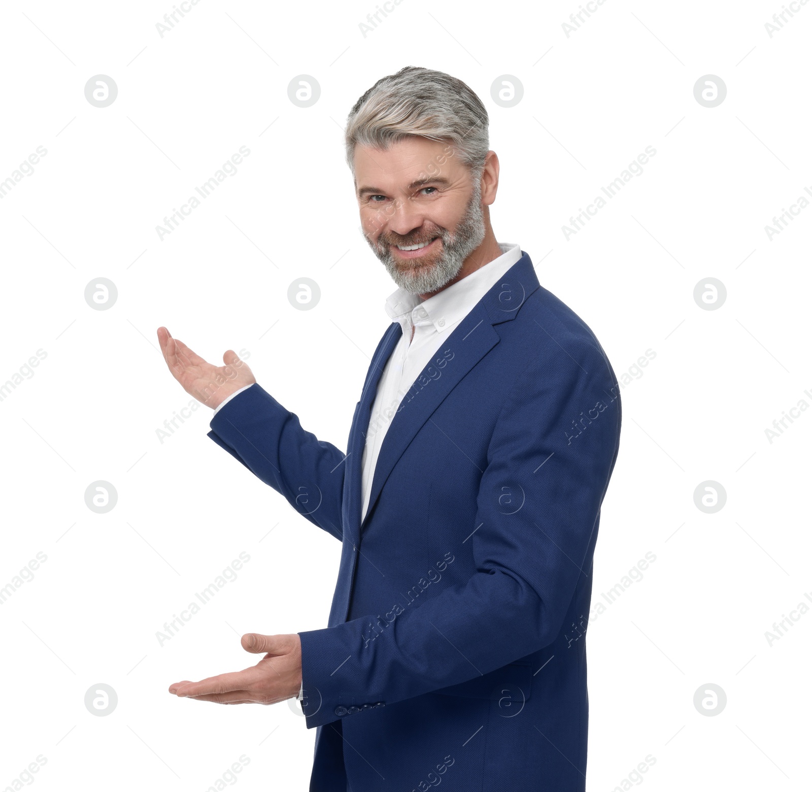 Photo of Mature businessman in stylish clothes posing on white background