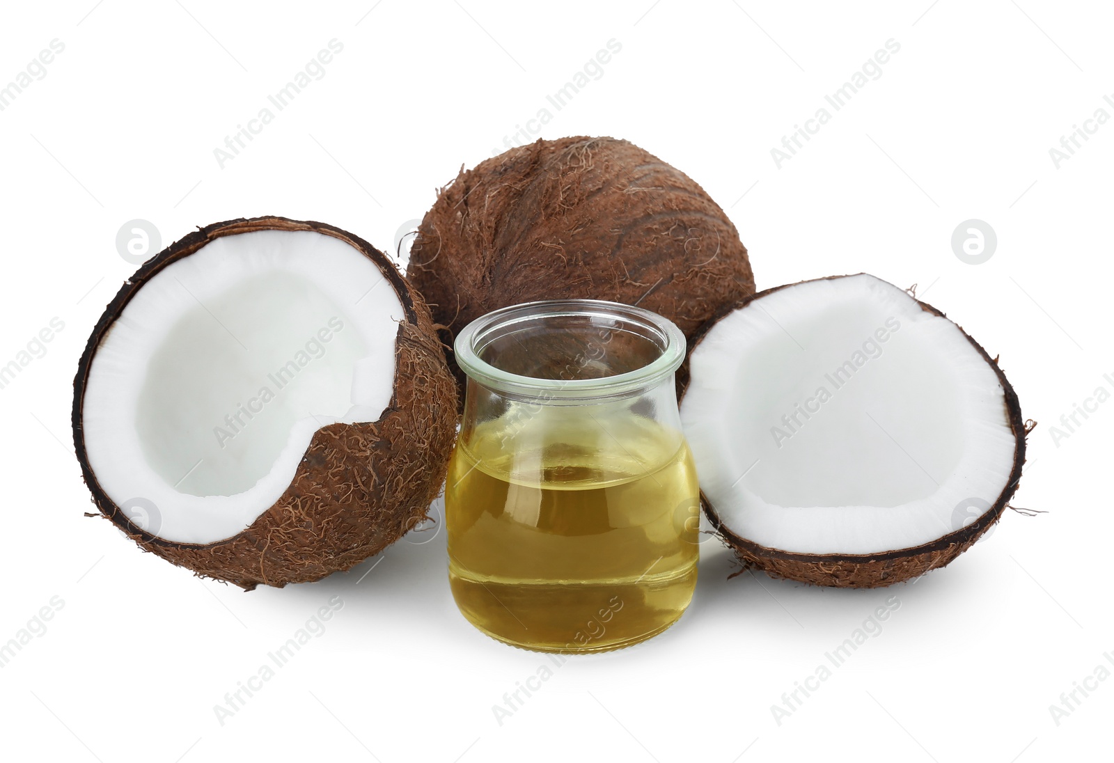 Photo of Organic coconut cooking oil and fresh fruits isolated on white