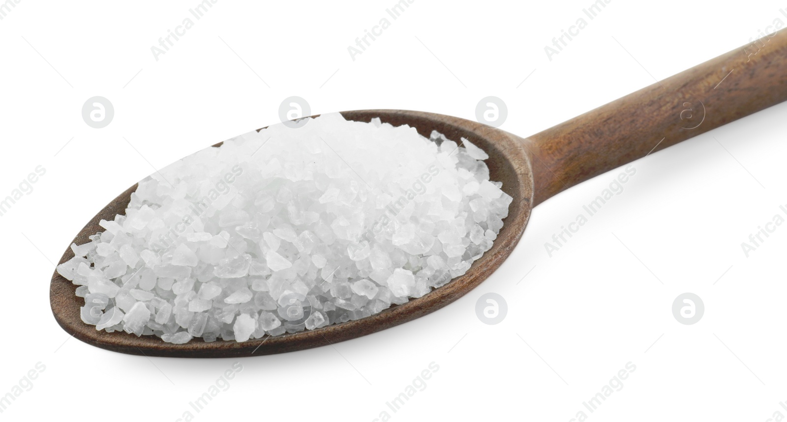 Photo of Natural salt in wooden spoon isolated on white