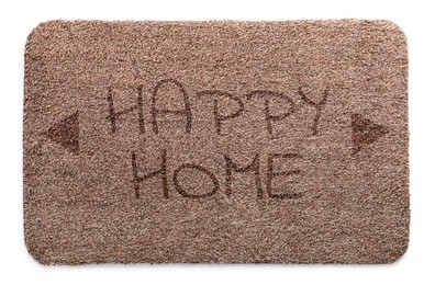 Door mat with words Happy Home on white background, top view