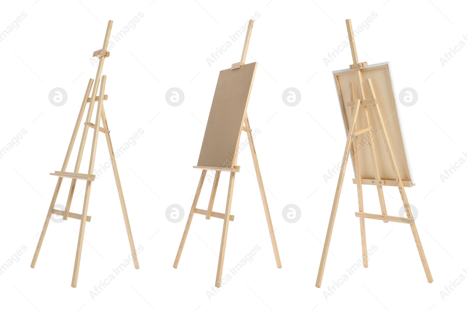 Image of Wooden easel isolated on white, different sides