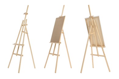 Image of Wooden easel isolated on white, different sides