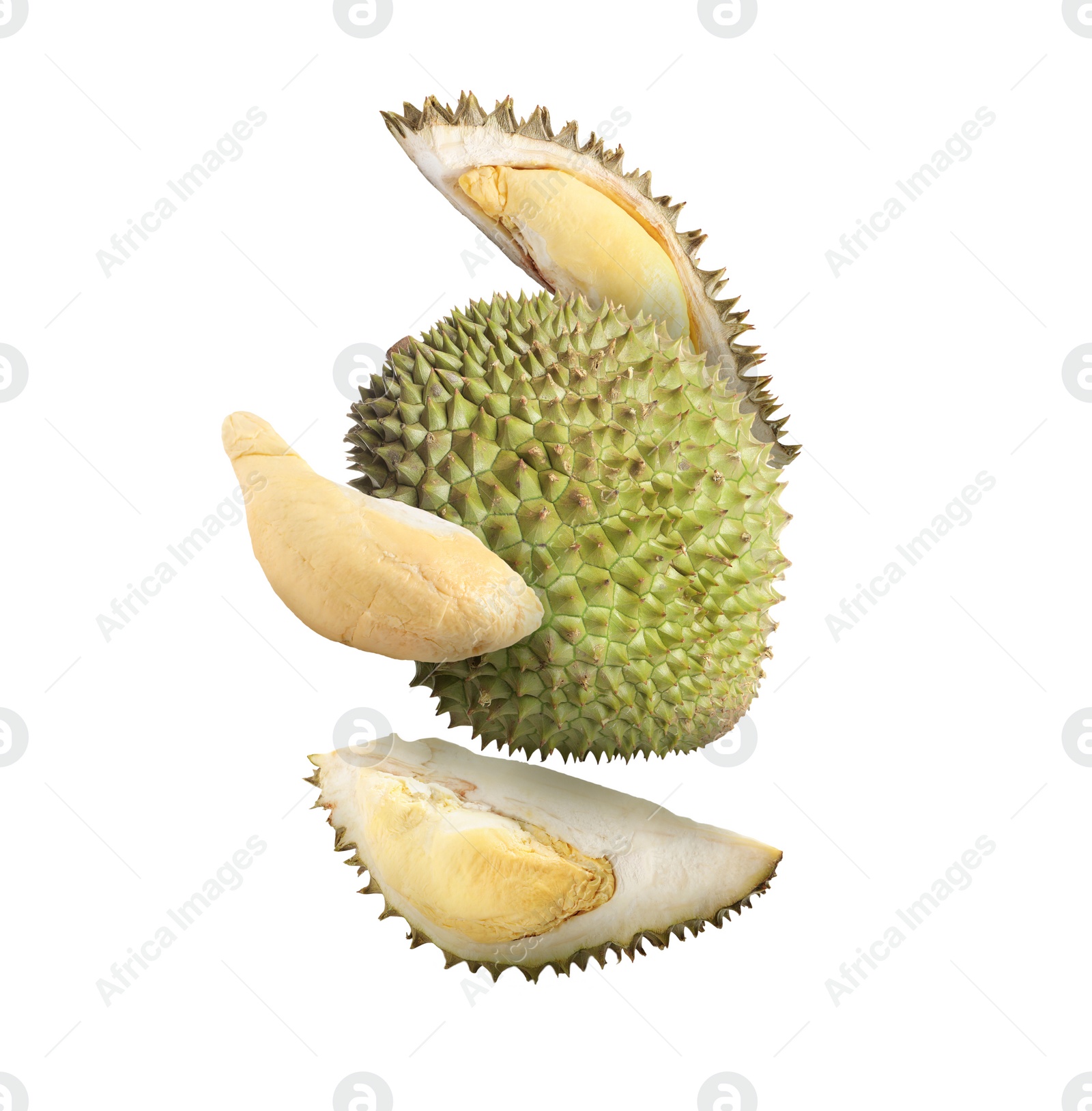 Image of Delicious ripe durian fruits falling on white background