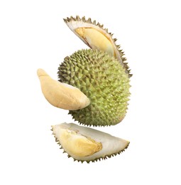 Image of Delicious ripe durian fruits falling on white background