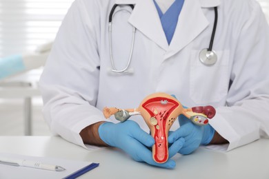 Photo of Gynecologist demonstrating model of female reproductive system at table in clinic, closeup