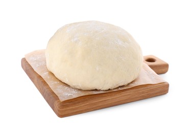Photo of Fresh raw wheat dough on wooden board against white background