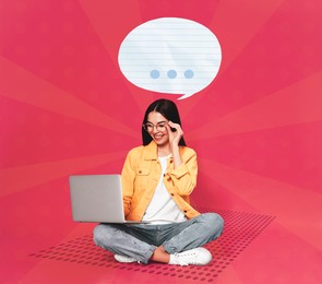 Dialogue. Woman with laptop and speech bubble above on red background