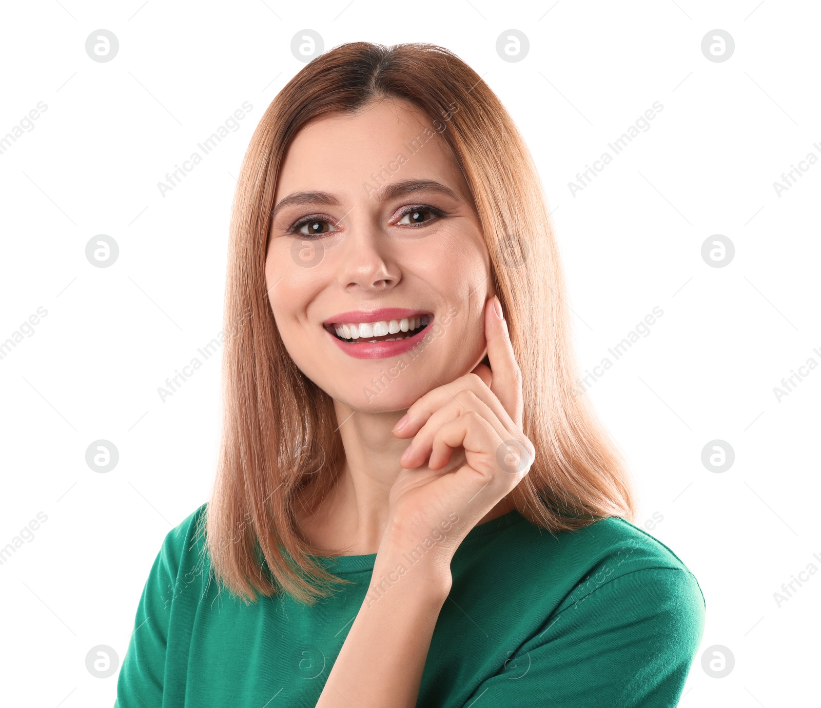 Photo of Smiling woman with perfect teeth on white background