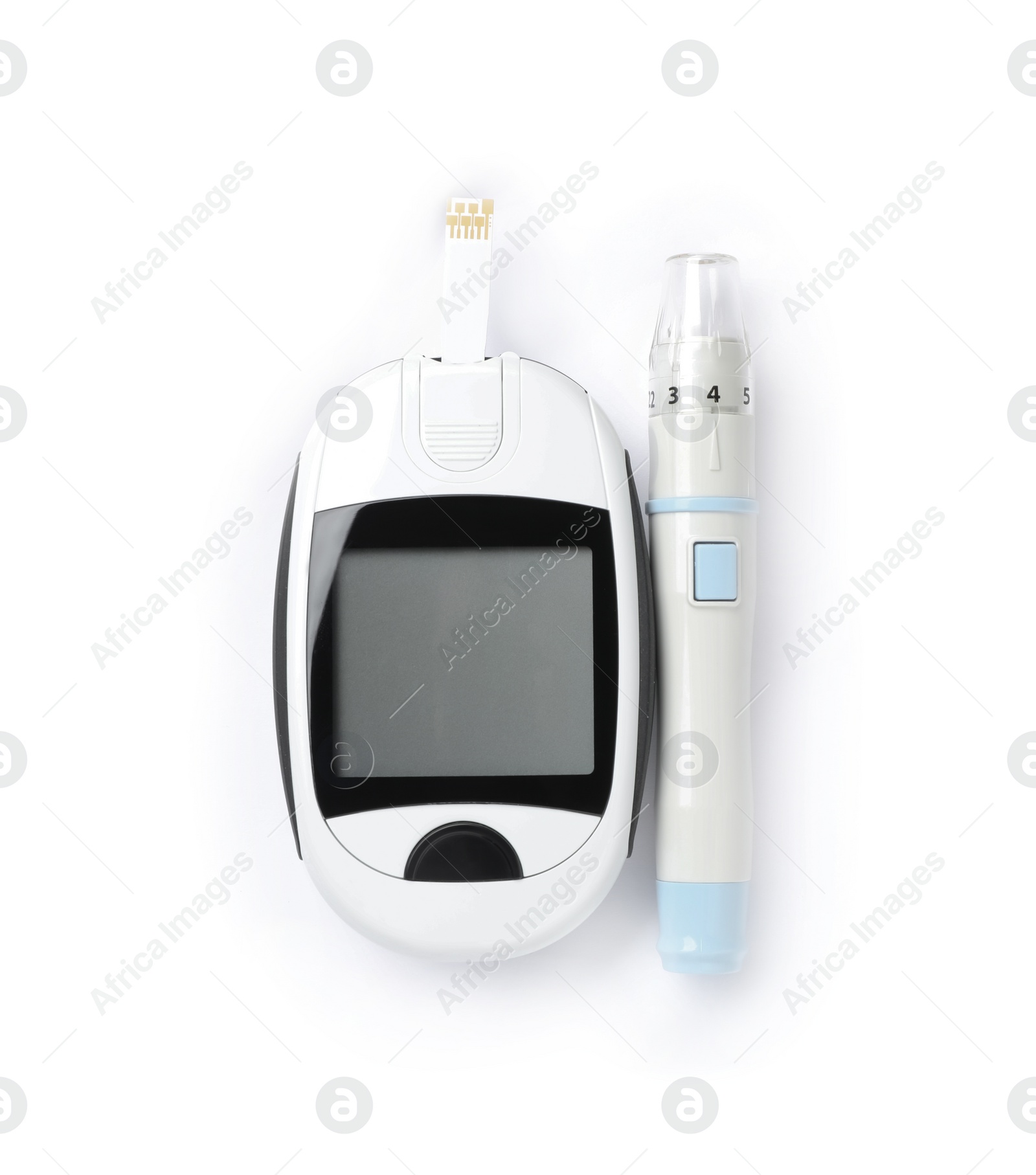 Photo of Modern glucometer with test strip and lancet pen on white background, top view