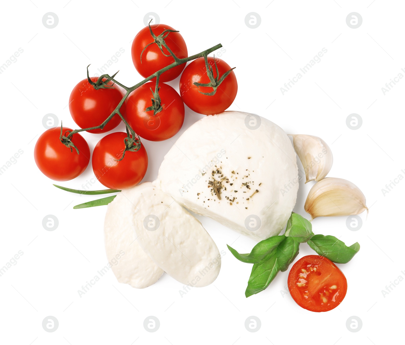 Photo of Delicious mozzarella with tomatoes and basil leaves on white background, top view