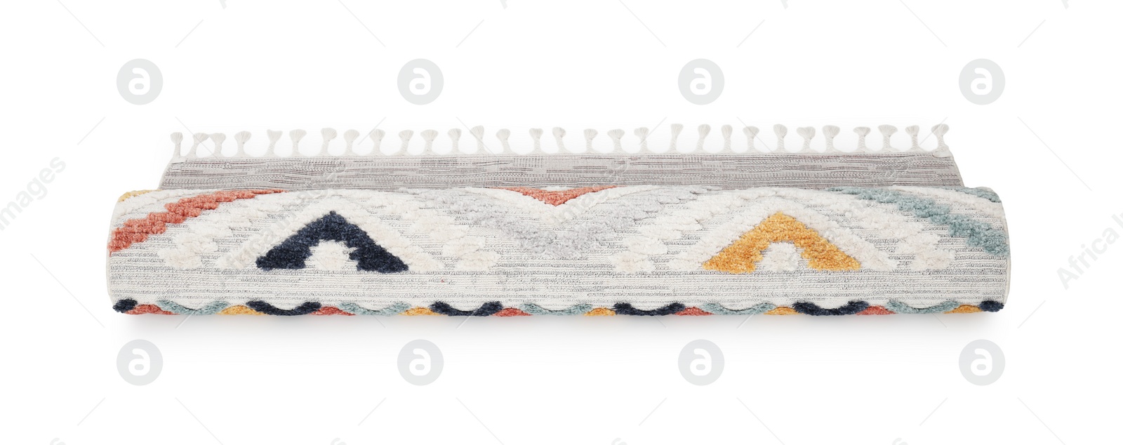 Photo of Rolled carpet with pattern on white background. Interior element