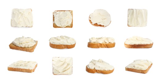 Bread with cream cheese on white background, collage. Banner design 
