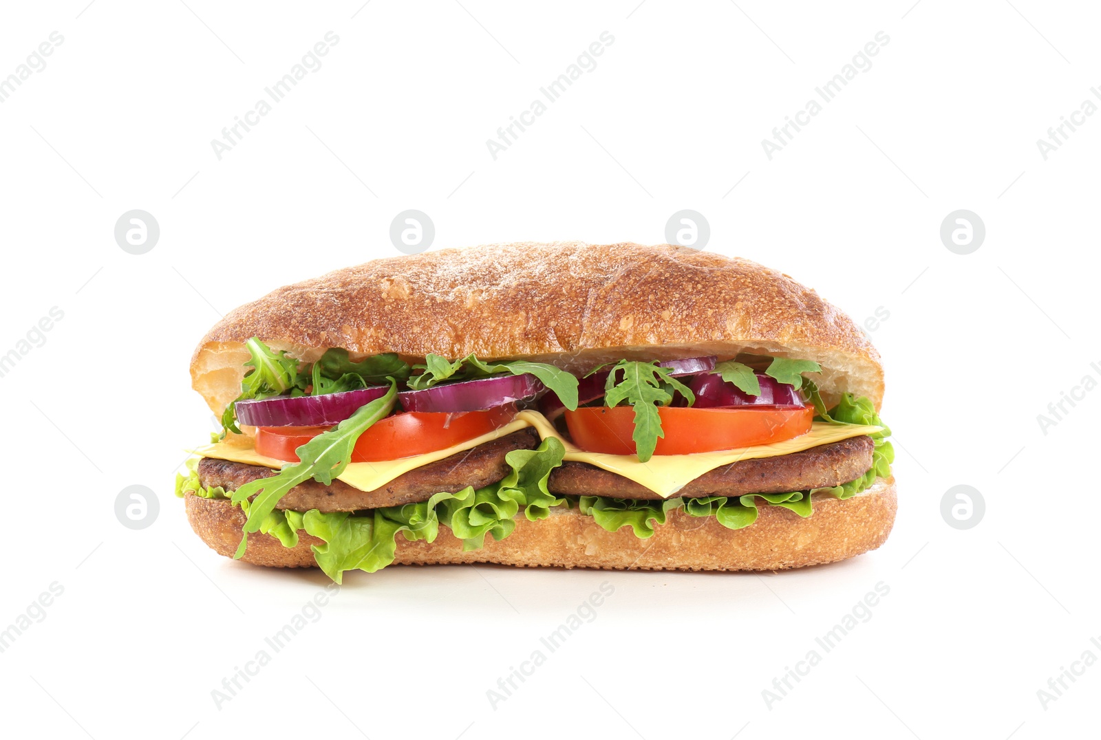 Photo of Yummy sandwich with cheese on white background