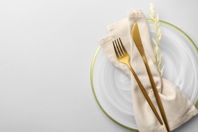 Stylish setting with cutlery, napkin, dry branch and plate on light grey table, top view. Space for text