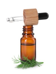 Photo of Bottle of essential oil, pipette and fresh dill isolated on white