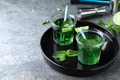 Photo of Delicious mint liqueur with green leaves and lime on grey table. Space for text