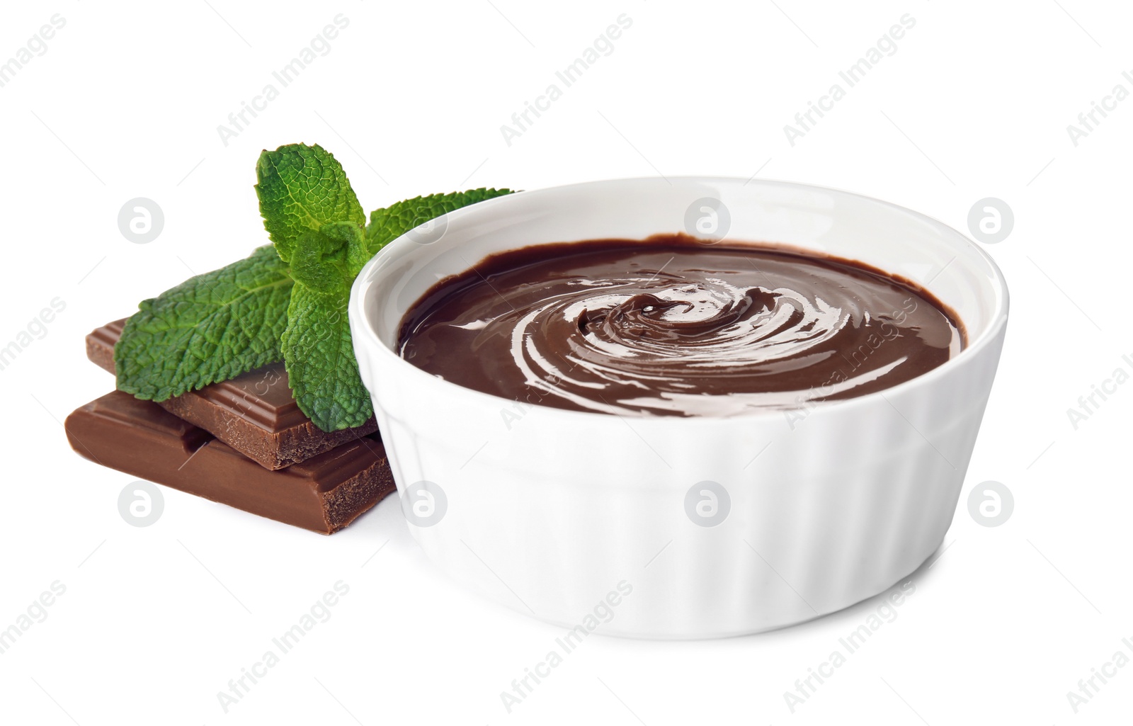 Photo of Sweet chocolate cream in dessert bowl, pieces and mint isolated on white