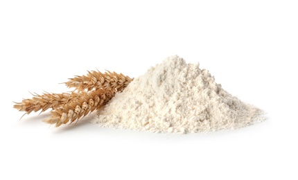 Photo of Fresh flour and ears of wheat isolated on white