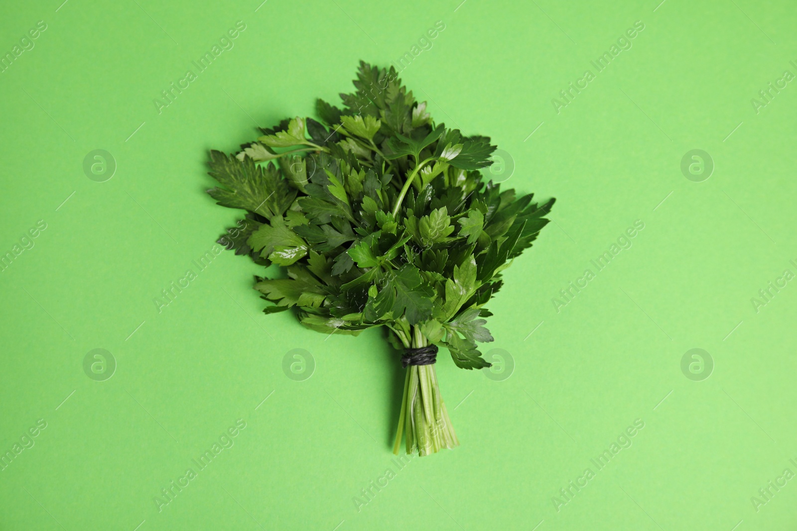 Photo of Bunch of fresh green parsley on color background, view from above